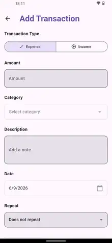 Adding a transaction with amount, category, a note, date and a repeat rule