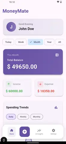 Home dashboard showing total balance, income and expense for the month