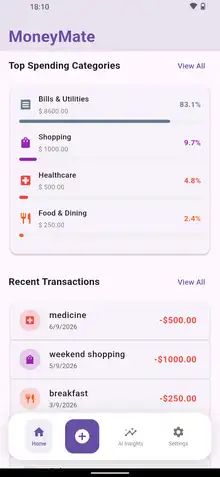 Top spending categories by percentage, with a recent transactions list