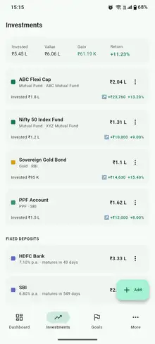 Investment holdings across mutual funds, sovereign gold bonds, PPF and fixed deposits with gain and return