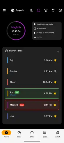 Today's prayer times with a live countdown to the next prayer, Maghrib