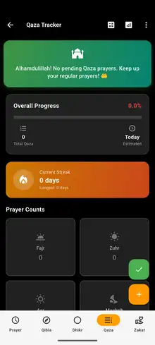 Qaza tracker for missed prayers, with a streak counter and per-prayer counts