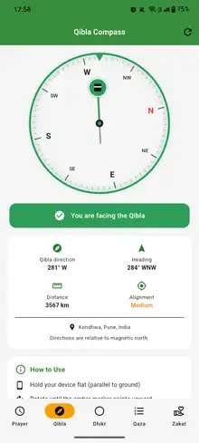 Live Qibla compass confirming alignment, with heading and distance to Mecca