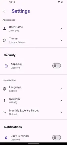 Settings for appearance, app lock, language, currency and reminders
