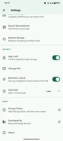 Settings screen with backup and restore, PIN lock, biometric unlock and auto-lock