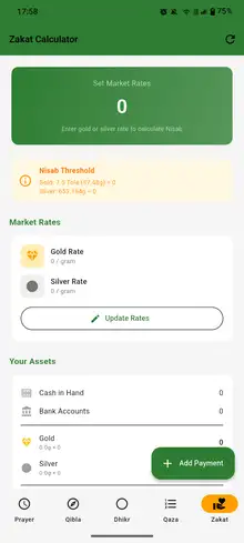 Zakat calculator with the Nisab threshold and an asset-by-asset breakdown